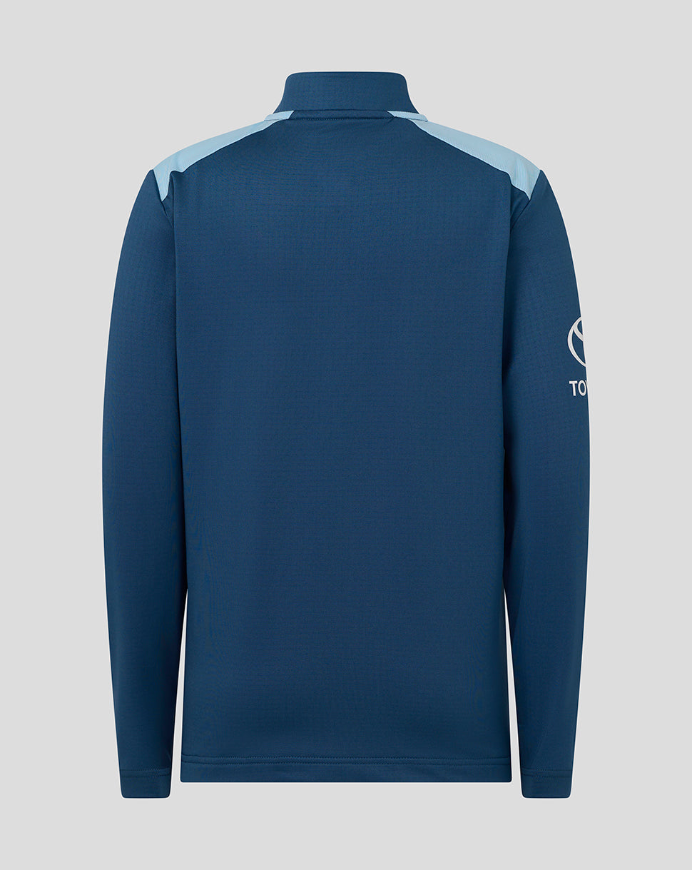 Blue long-sleeve shirt with white accents on a gray background