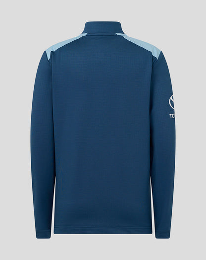 Blue long-sleeve shirt with white accents on a gray background