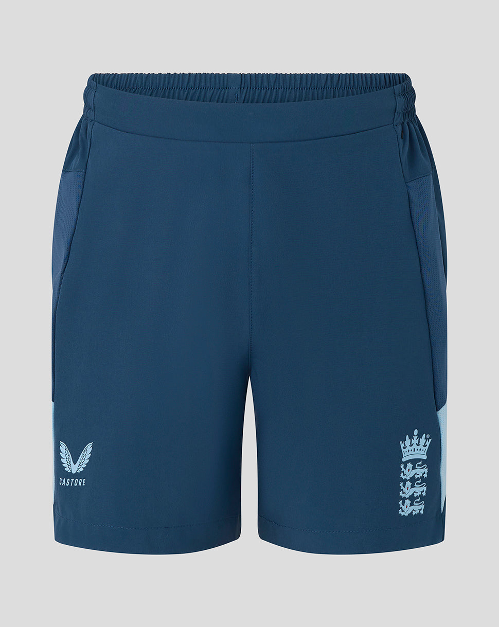 Navy blue shorts with white logos on a light gray background