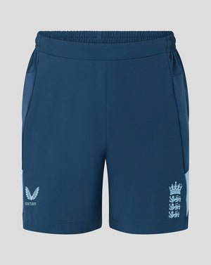 Navy blue shorts with white logos on a light gray background