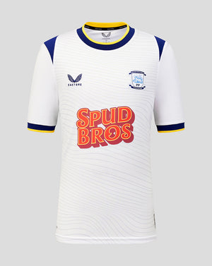 White sports jersey with blue and yellow accents, featuring 'Spud Bros' text and a logo on a gray background.