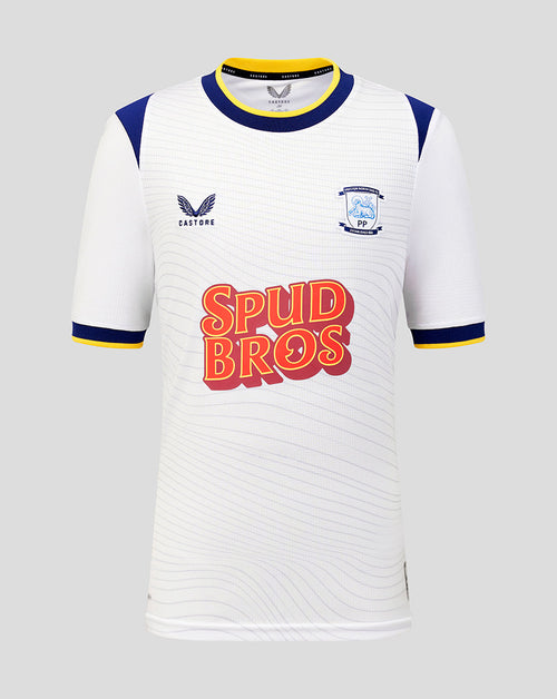White sports jersey with blue and yellow accents, featuring 'Spud Bros' text and a logo on a gray background.