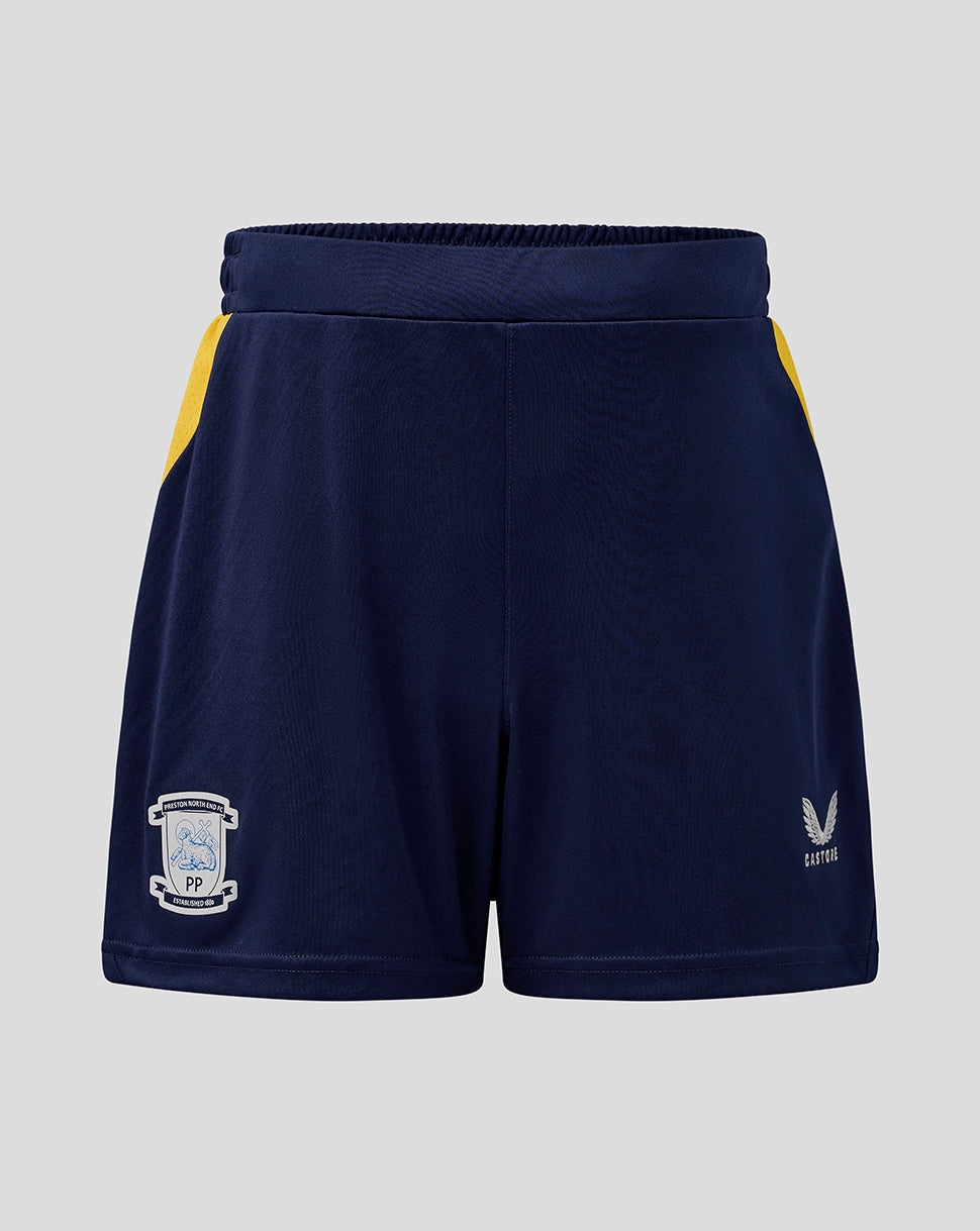 Navy shorts with yellow accents on a light gray background