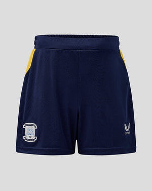 Navy shorts with yellow accents on a light gray background
