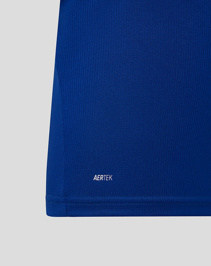 Close-up of a blue fabric with 'AERTEK' branding on a light gray background