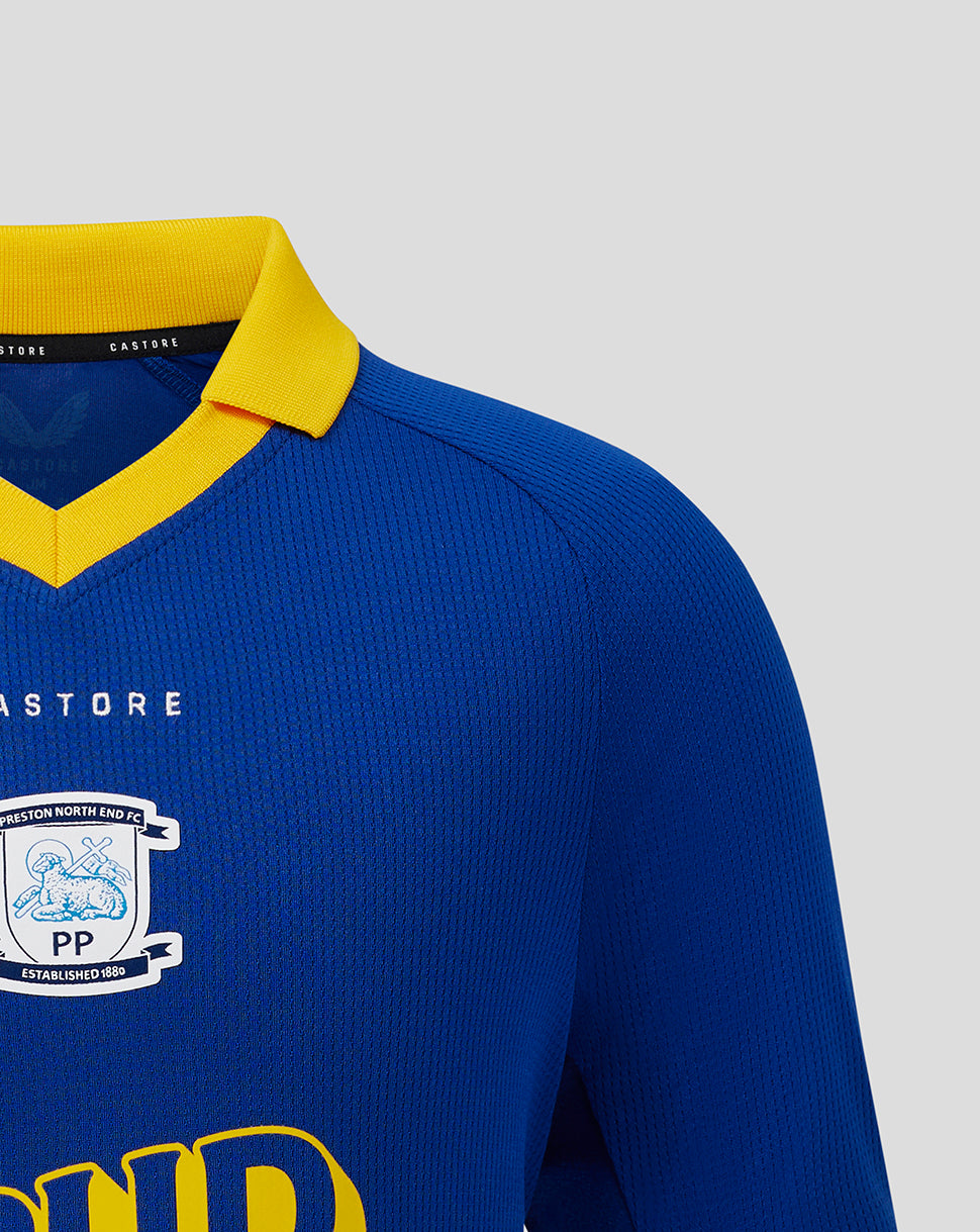 Blue sports jersey with yellow collar on a gray background