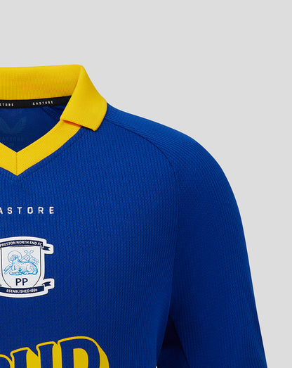 Blue sports jersey with yellow collar on a gray background
