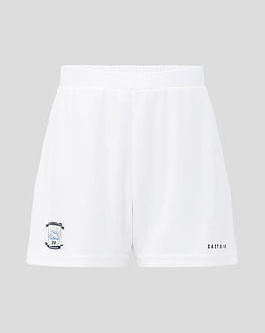 White shorts with a small logo on a gray background
