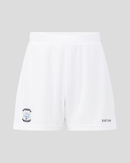White shorts with a small logo on a gray background