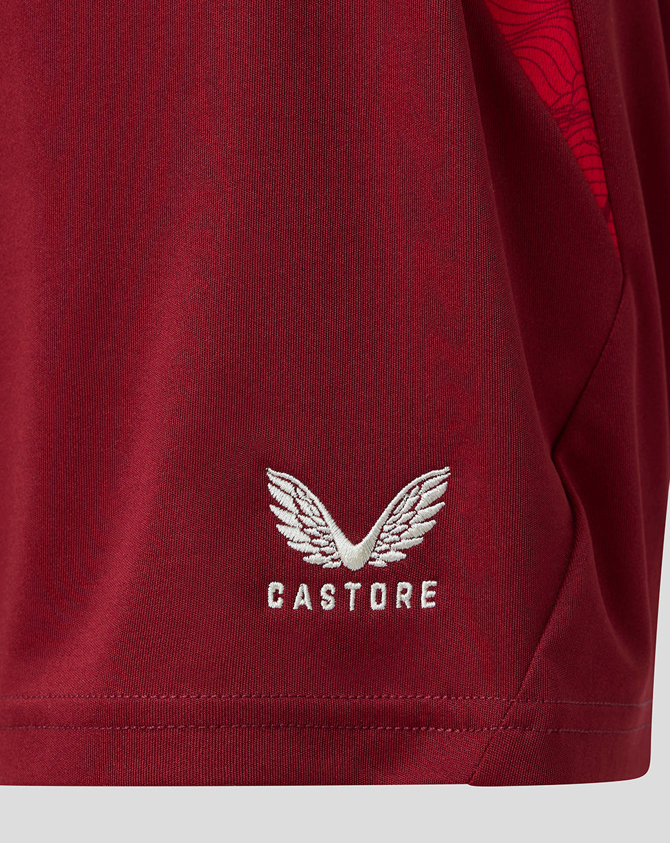Close-up of burgundy athletic shorts showing the Castore wing logo and brand name embroidered in white on the front, with a hint of red patterned lining on the side.