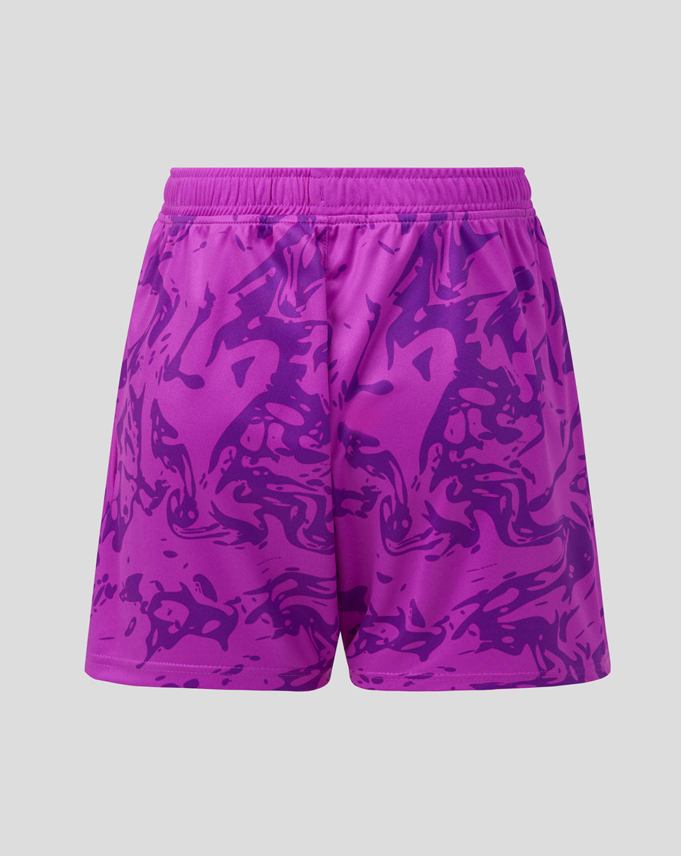 Purple shorts with a pattern on a light gray background