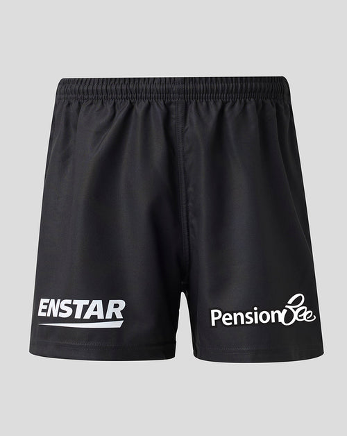 Black athletic shorts with white printed logos, featuring 'ENSTAR' on the left leg and 'Pension Bee' on the right leg, displayed against a neutral gray background.