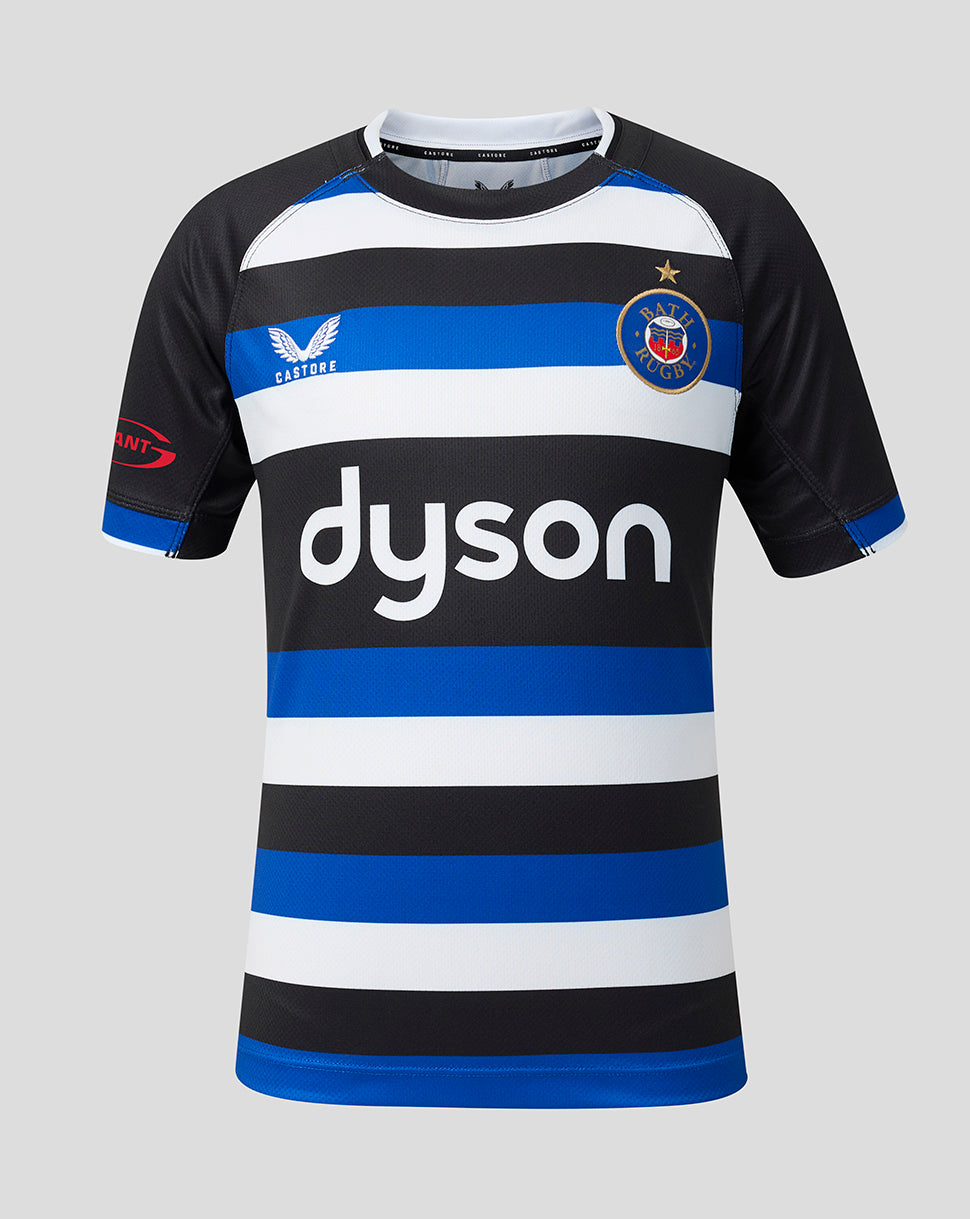 A short-sleeve soccer jersey with horizontal black, white, and blue stripes, featuring the 'dyson' sponsor logo across the chest, the Bath Rugby crest on the left chest, and the Castore brand logo on the right chest, shown against a solid gray background.