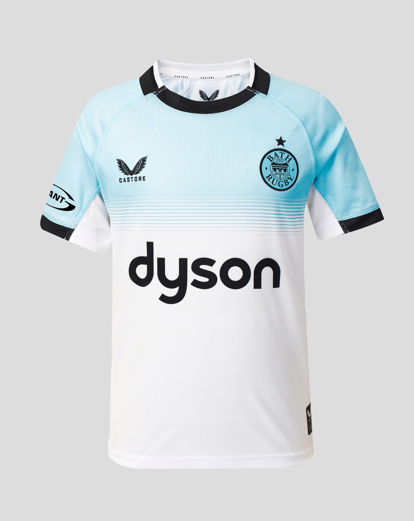 A youth rugby jersey by Castore, featuring a light blue and white gradient design with black trim, the Castore logo, and a prominent Dyson sponsor logo on the front.