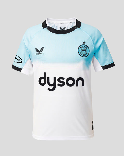 A youth rugby jersey by Castore, featuring a light blue and white gradient design with black trim, the Castore logo, and a prominent Dyson sponsor logo on the front.