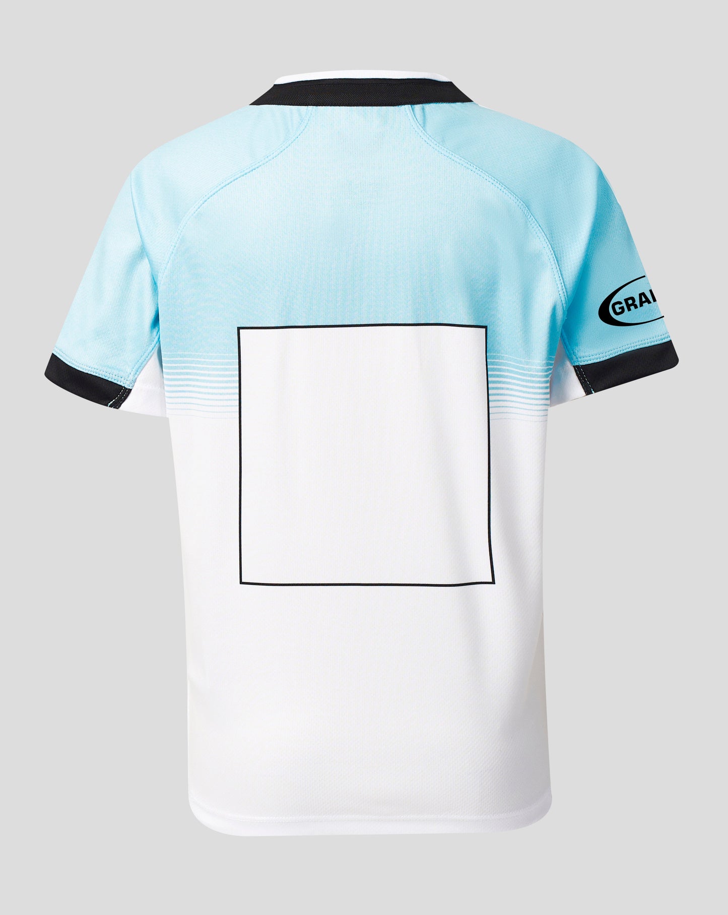 Back view of a short-sleeve athletic jersey in light blue and white with black trim, featuring a large rectangular patch cutout on the back and a visible Grailed logo on the sleeve.