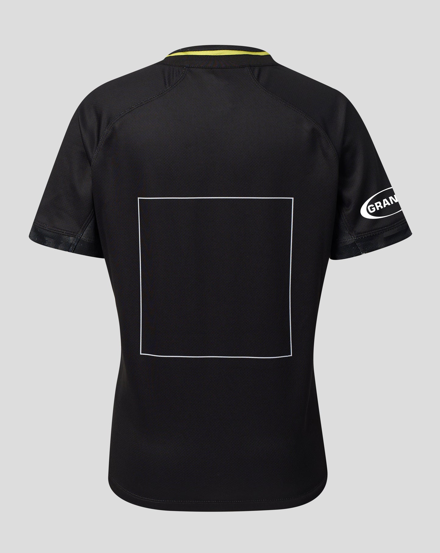Black short-sleeve athletic jersey shown from the back, featuring a large white square outline on the back, a yellow inner collar, and a white Grailed logo on the right sleeve, set against a solid gray background.