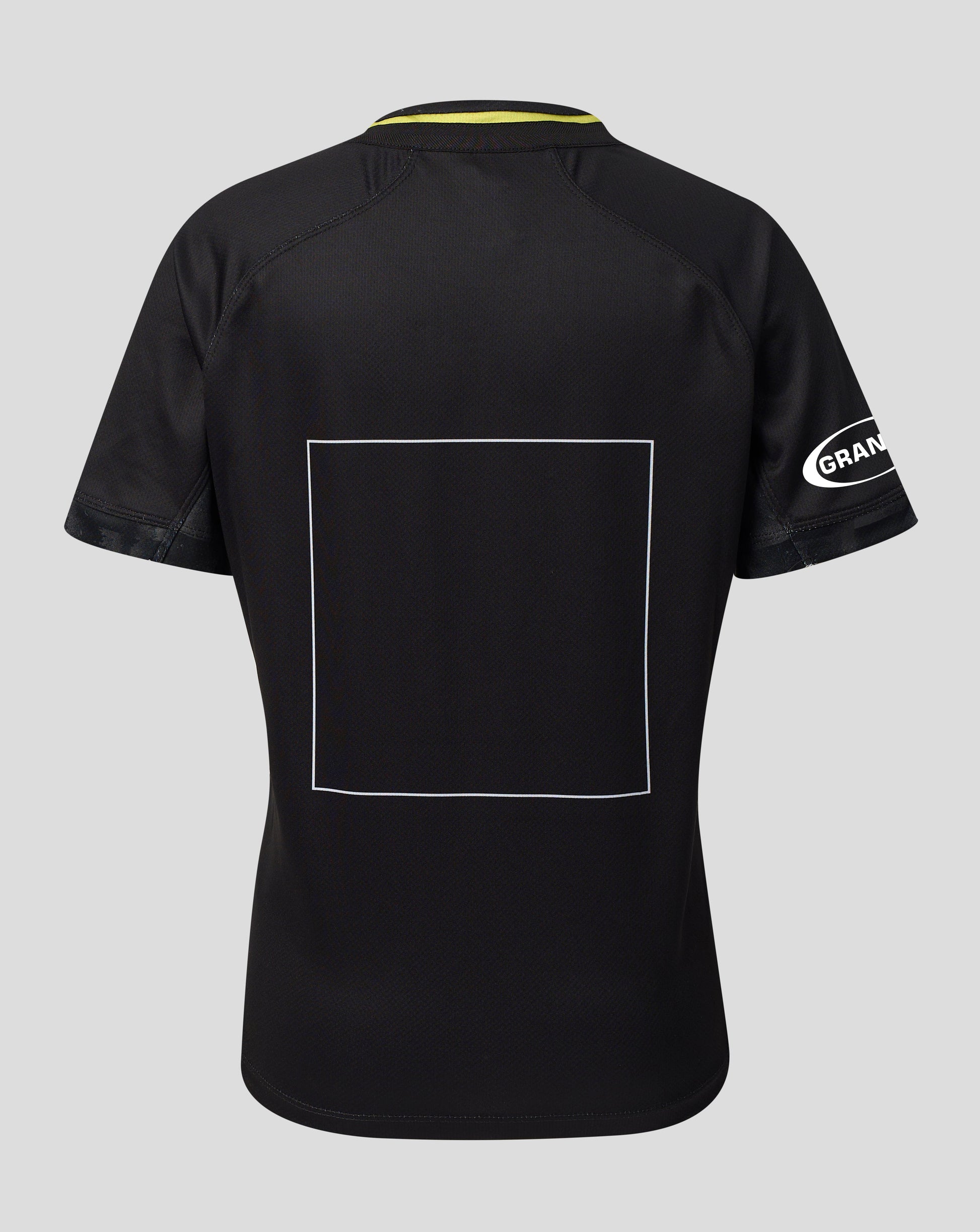 Black short-sleeve athletic jersey shown from the back, featuring a large white square outline on the back, a yellow inner collar, and a white Grailed logo on the right sleeve, set against a solid gray background.