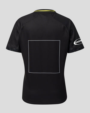 Black short-sleeve athletic jersey shown from the back, featuring a large white square outline on the back, a yellow inner collar, and a white Grailed logo on the right sleeve, set against a solid gray background.