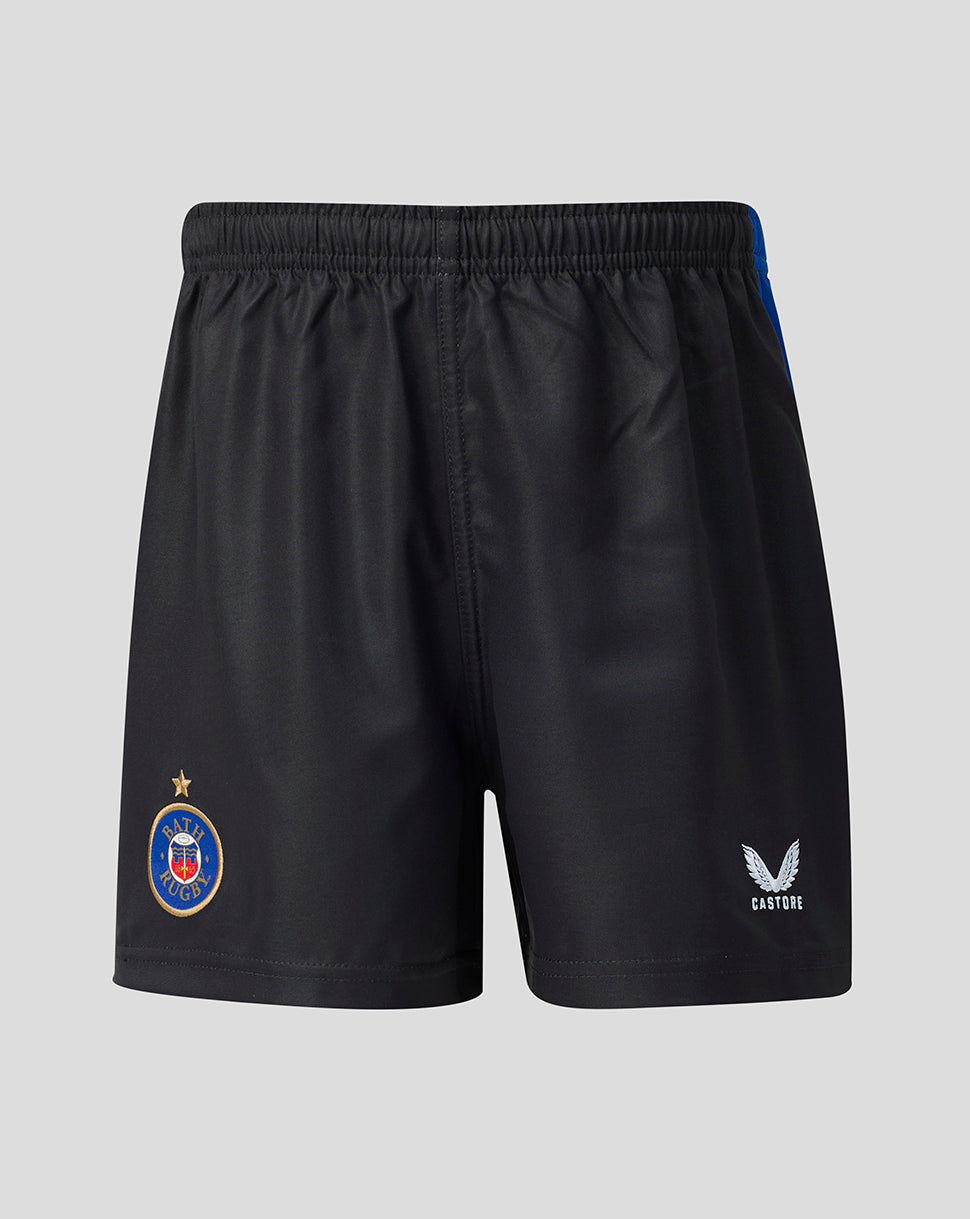 Black athletic shorts with an elastic waistband, featuring the bath rugby club crest on the left leg and the Santoni brand logo on the right leg, set against a solid gray background.