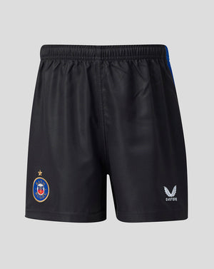 Black athletic shorts with an elastic waistband, featuring the bath rugby club crest on the left leg and the Santoni brand logo on the right leg, set against a solid gray background.