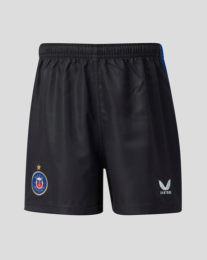 Black athletic shorts with an elastic waistband, featuring the bath rugby club crest on the left leg and the Santoni brand logo on the right leg, set against a solid gray background.