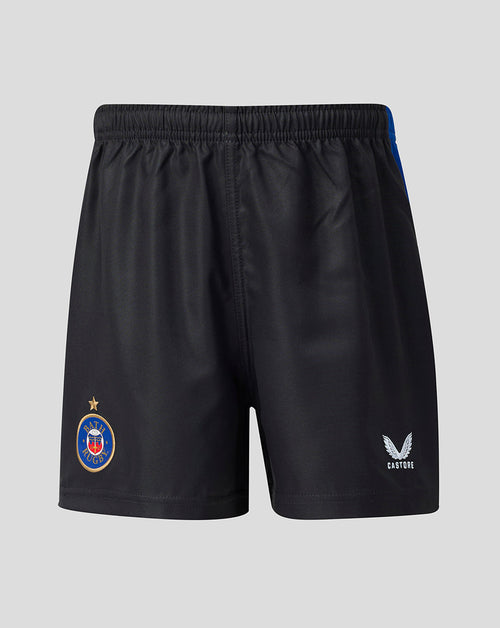 Black athletic shorts with an elastic waistband, featuring the bath rugby club crest on the left leg and the Santoni brand logo on the right leg, set against a solid gray background.