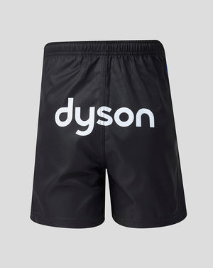 Black athletic shorts with a large white 'dyson' logo printed across the front, shown against a solid light gray background.