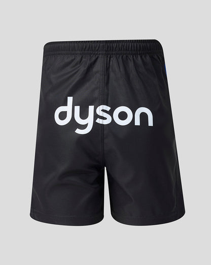 Black athletic shorts with a large white 'dyson' logo printed across the front, shown against a solid light gray background.