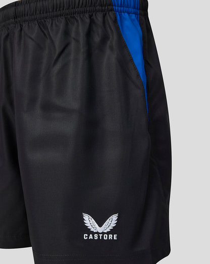 Black athletic shorts with a bright blue side panel and a white Castore wing logo on the lower left leg, shown against a light gray background.