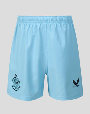 Light blue athletic shorts with black printed logos on the left and right sides, displayed against a neutral light gray background.