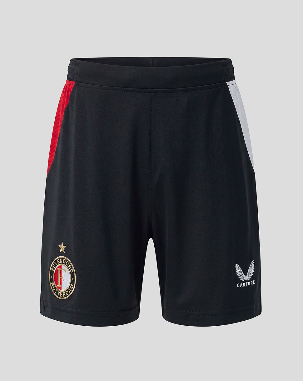 Black Feyenoord junior shorts with red left panel and white right panel, crest on left leg and Castore logo on right leg.