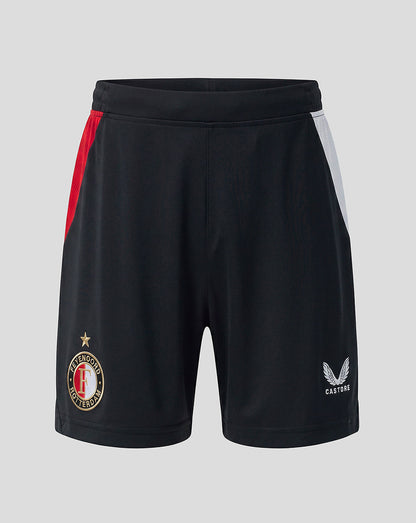 Black Feyenoord junior shorts with red left panel and white right panel, crest on left leg and Castore logo on right leg.