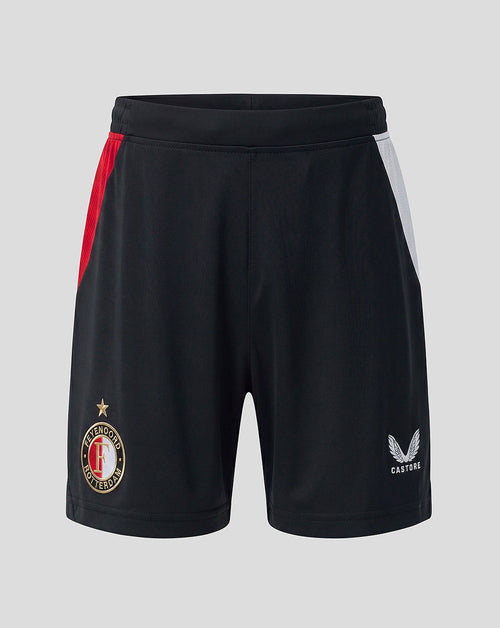 Black Feyenoord junior shorts with red left panel and white right panel, crest on left leg and Castore logo on right leg.