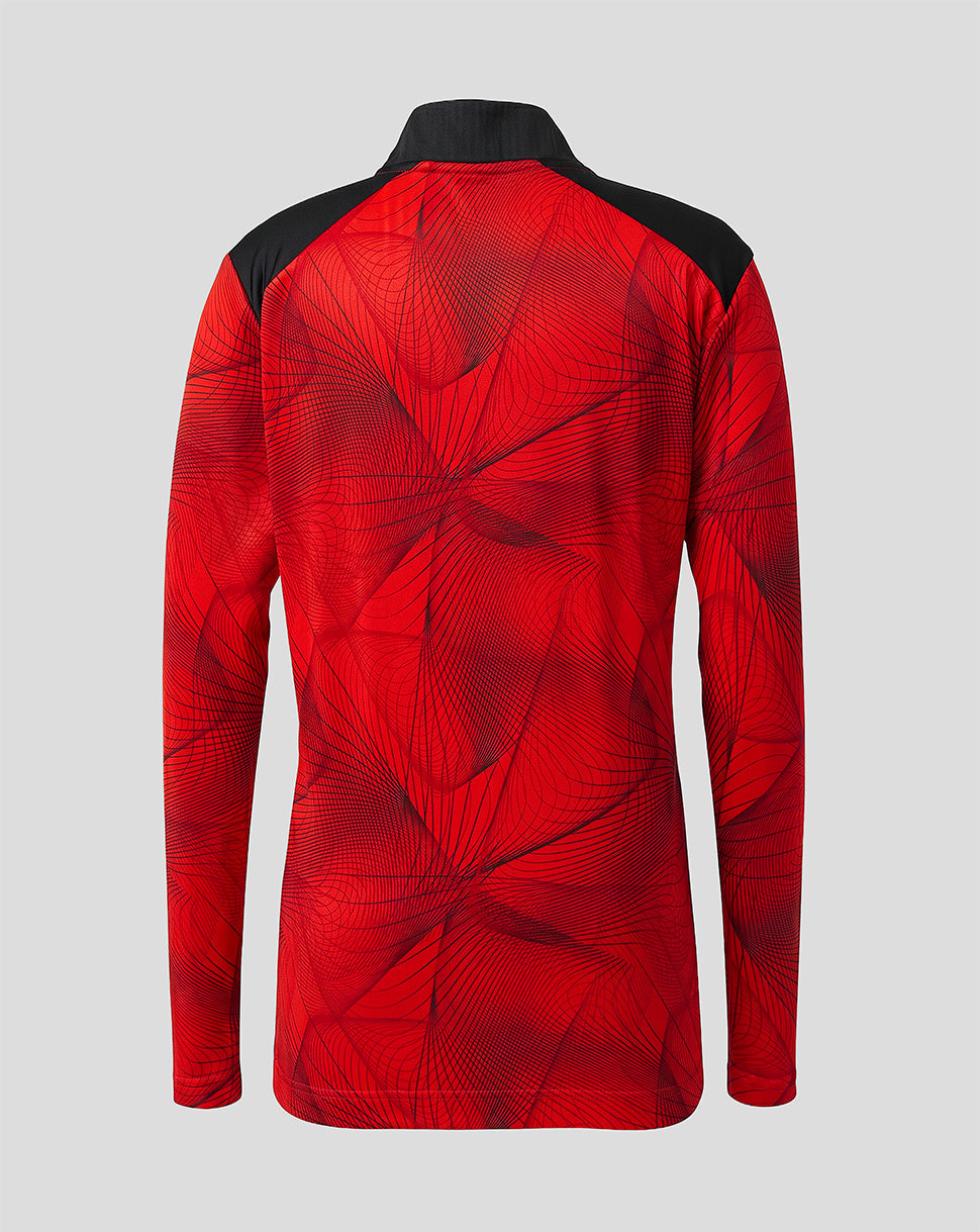Back view of red Feyenoord Junior Home Matchday Midlayer with black shoulder panels and geometric line pattern