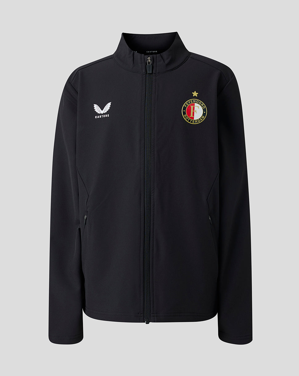 Dark navy Feyenoord Junior home matchday jacket with full zip, crest on left chest and Castore logo on right.