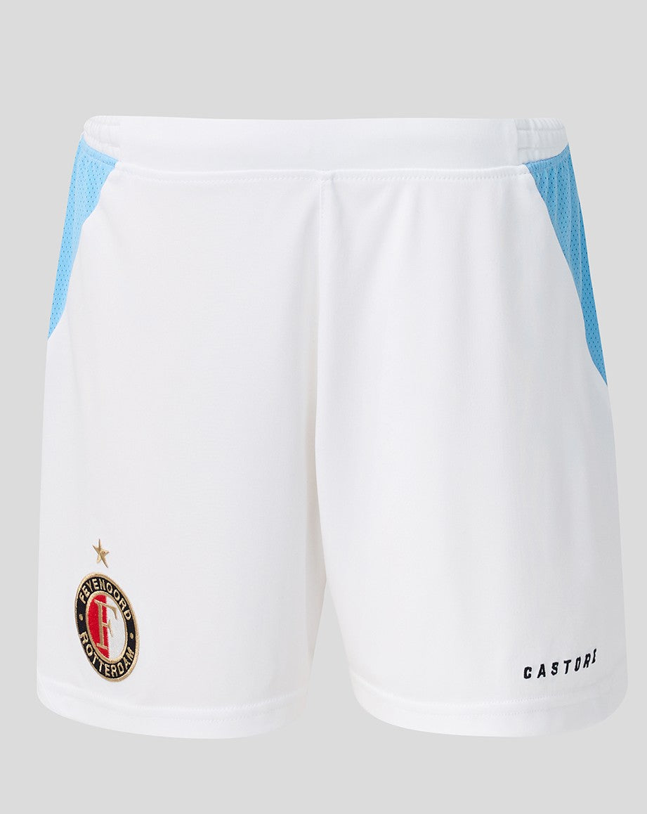 Weißes Feyenoord Auswärtsshorts mit hellblauen Seiteneinsätzen, elastischem Bund und Kordelzug; Feyenoord Logo rechts Castore Logo links