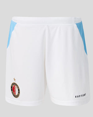 Weißes Feyenoord Auswärtsshorts mit hellblauen Seiteneinsätzen, elastischem Bund und Kordelzug; Feyenoord Logo rechts Castore Logo links