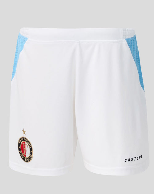 Weißes Feyenoord Auswärtsshorts mit hellblauen Seiteneinsätzen, elastischem Bund und Kordelzug; Feyenoord Logo rechts Castore Logo links