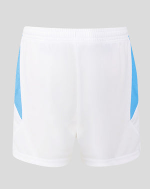 Rückansicht der weißen Feyenoord Auswärtsshorts mit hellblauen Seitenpaneelen und elastischem Bund
