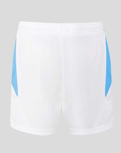 Rückansicht der weißen Feyenoord Auswärtsshorts mit hellblauen Seitenpaneelen und elastischem Bund