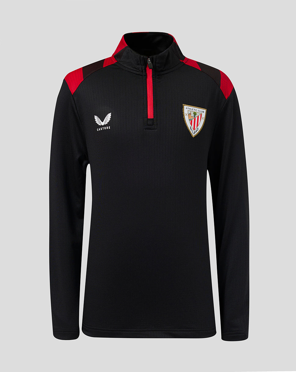Athletic Club junior quarter zip training jacket in black with red shoulder panels and club crest