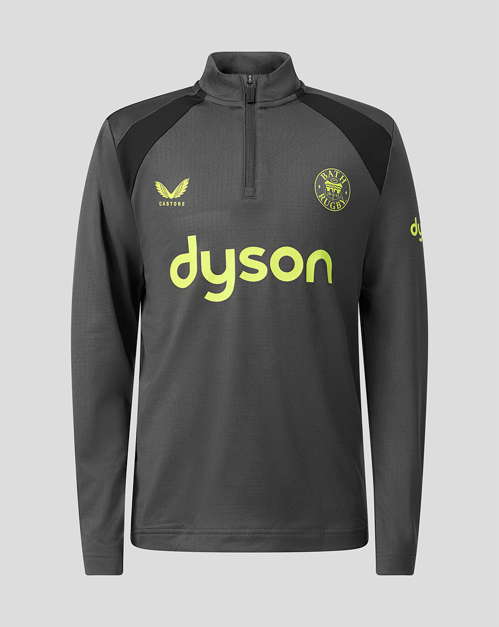 A dark gray long-sleeve athletic quarter-zip pullover with black shoulder panels, featuring a yellow-green Dyson logo on the chest, a yellow-green Bath Rugby club crest, and a yellow-green Castore logo on the left chest.