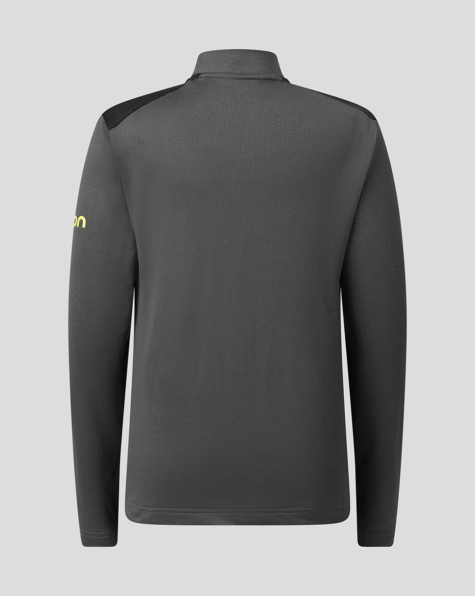 A dark gray long-sleeve athletic quarter-zip pullover shown from the back, featuring a small yellow logo on the left sleeve and black shoulder panels, set against a solid gray background.