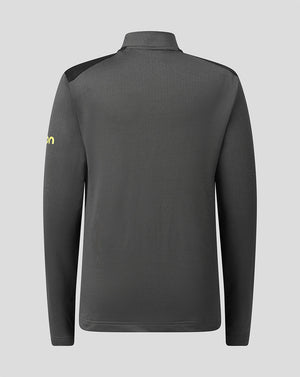 A dark gray long-sleeve athletic quarter-zip pullover shown from the back, featuring a small yellow logo on the left sleeve and black shoulder panels, set against a solid gray background.