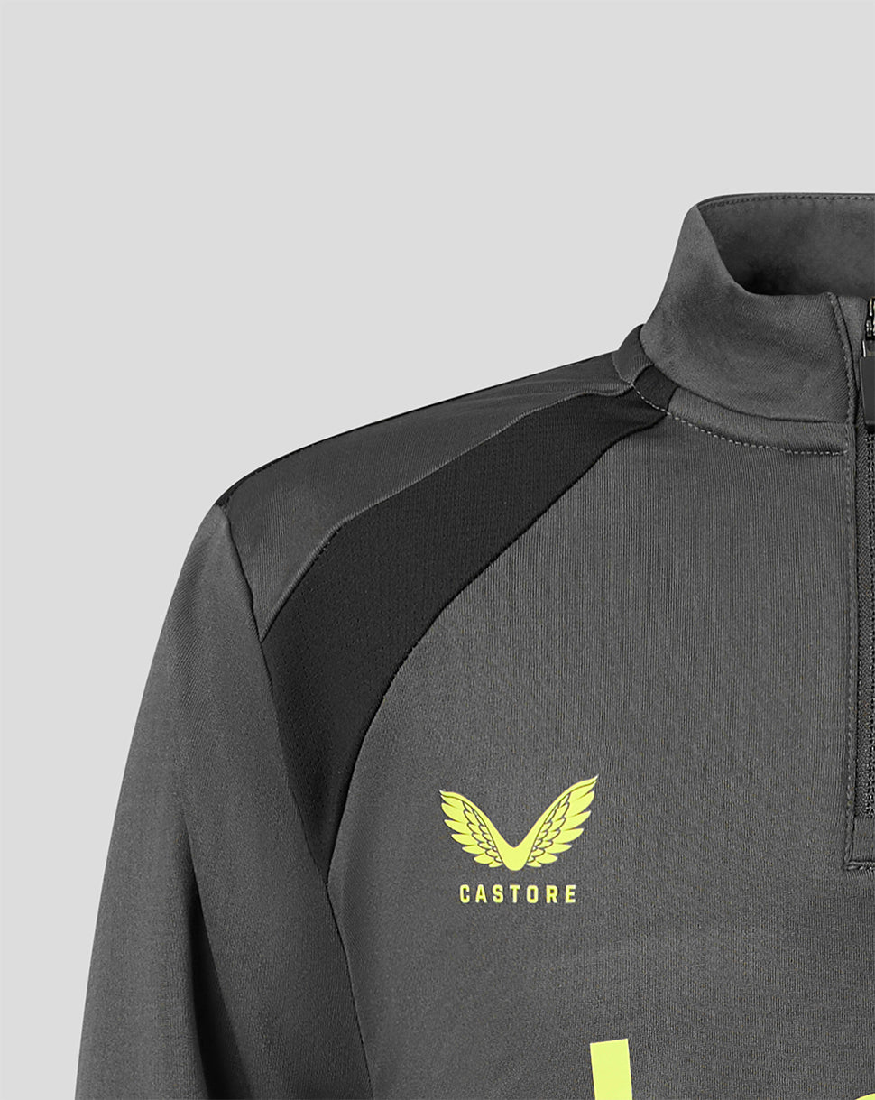 Close-up of a dark gray athletic quarter-zip jacket with black shoulder panels and a yellow Castore wing logo on the chest, set against a light gray background.