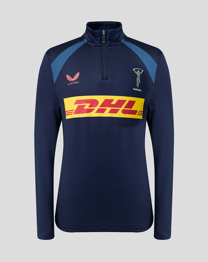 Navy long-sleeve shirt with DHL logo on a light gray background
