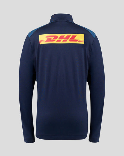Navy blue jacket with DHL logo on the back against a light gray background