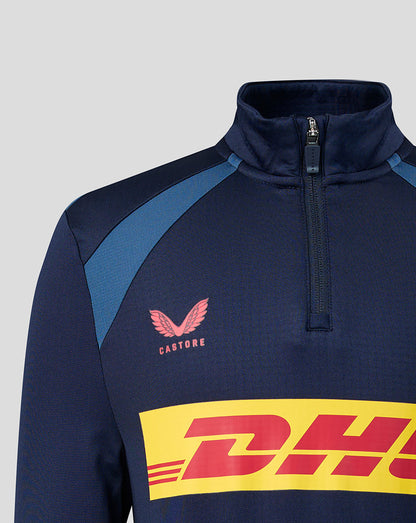 Navy and blue pullover with Castore logo and DHL branding on a light gray background