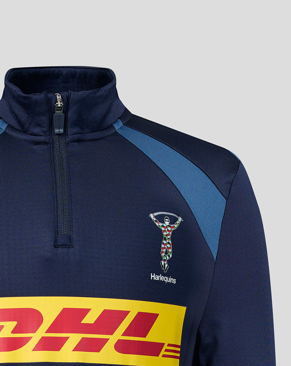 Navy and blue sports jacket with DHL logo and Harlequins emblem on a light gray background